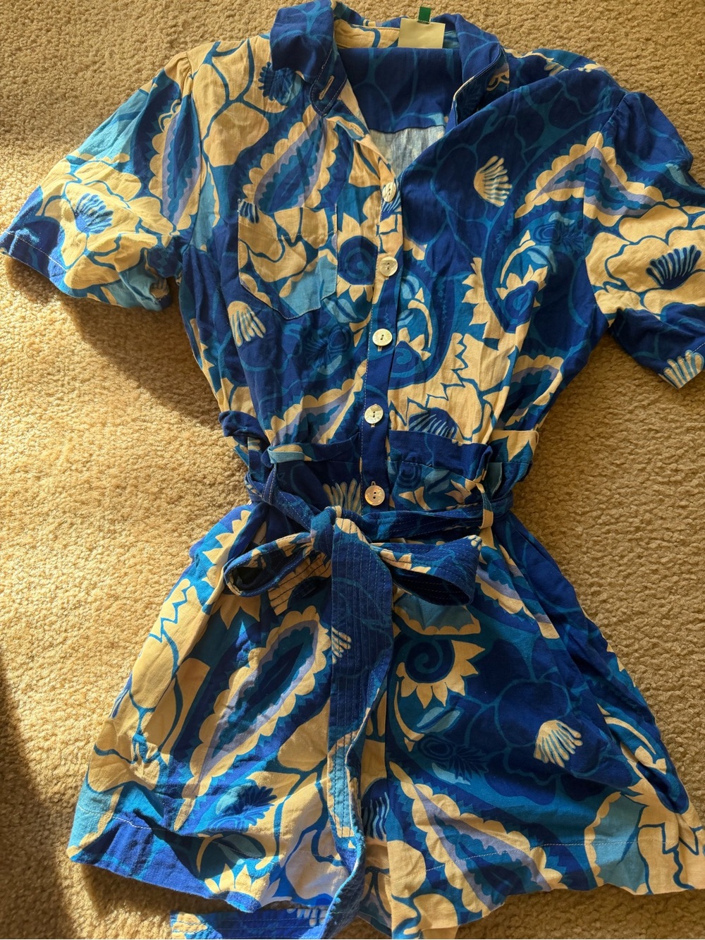 FARM Rio Blue and Cream Tropical Button-Front Romper with Tie Waist